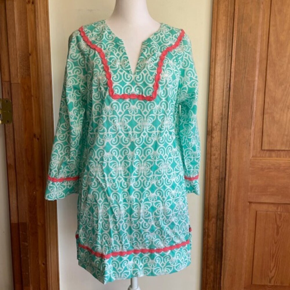 VINEYARD VINES Tunic Dress Geo Torquoise Print Coral Trim V Neck Long Sleeve S